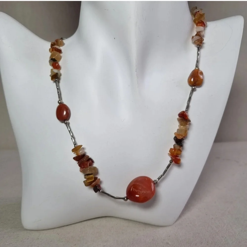 Sterling Silver Agate Necklace Amber Tone Toggle Clasp - Picture 1 of 10